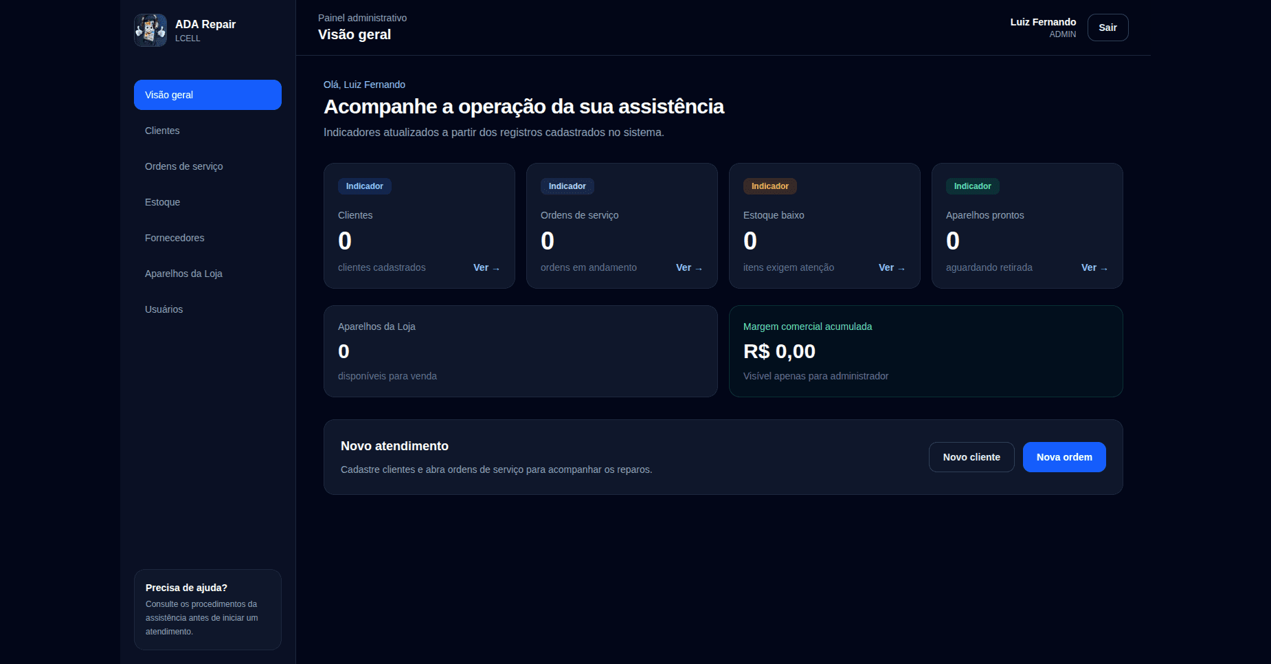 Painel administrativo do ADA Repair