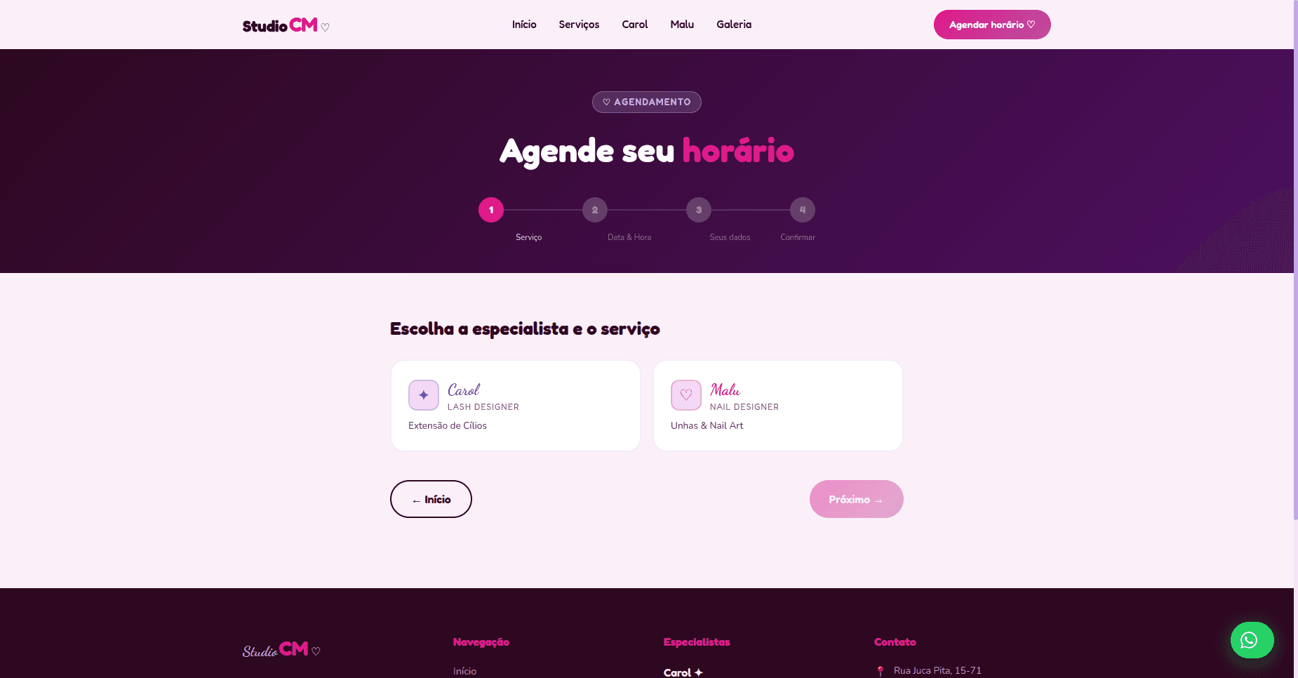 Fluxo de agendamento do Studio CM