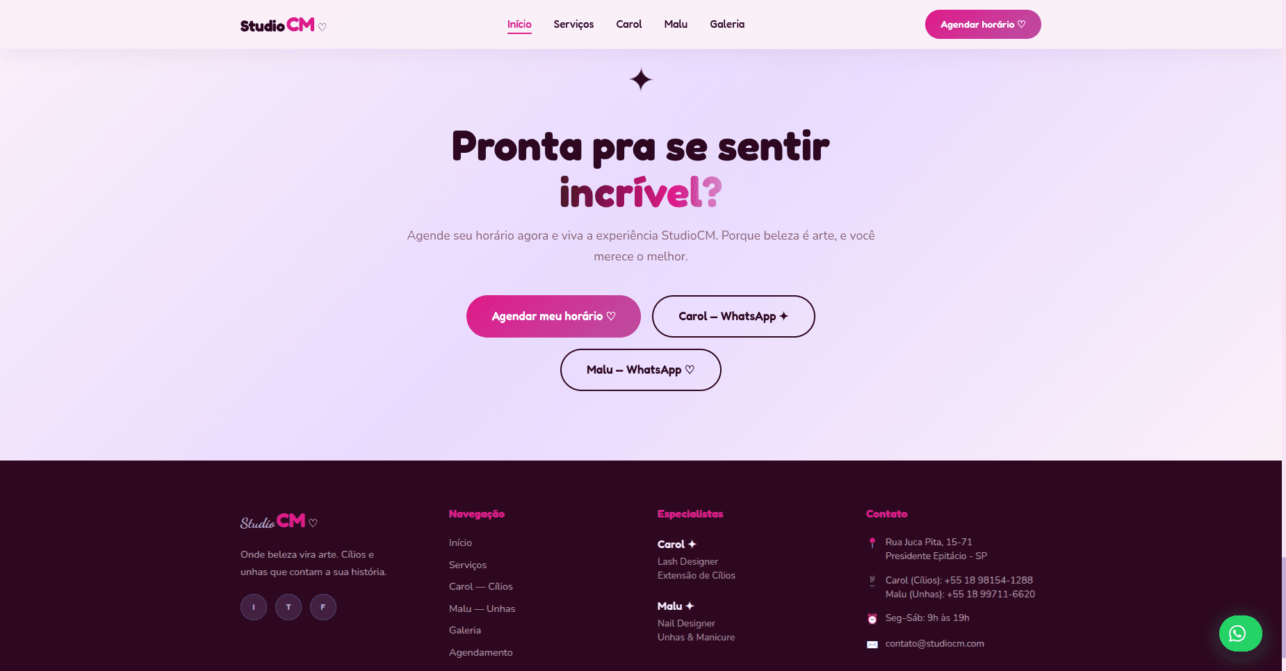 Chamada para agendamento e contatos do Studio CM